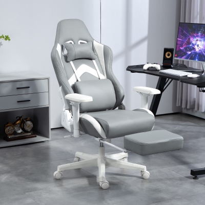 HOMCOM Cadeira Gamimg Reclinável com Apoio para os Pés Retrátil Suporte Lombar e Apoio para a Cabeça 74x73x120-129 cm Cinza Claro e Branco