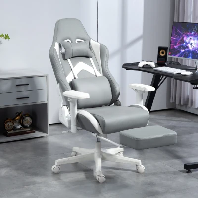 HOMCOM Cadeira Gamimg Reclinável com Apoio para os Pés Retrátil Suporte Lombar e Apoio para a Cabeça 74x73x120-129 cm Cinza Claro e Branco