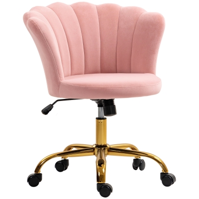 HOMCOM Cadeira de Escritório em Veludo Cadeira de Maquiagem com Encosto em Pétala Altura Ajustável 69x64x80-90 cm Rosa