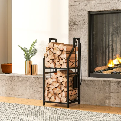 Outsunny Estante de Leña Metálico de Chimenea Soporte para Leña de 2 Niveles con 4 Herramientas Ganchos 34x30x80 cm Negro
