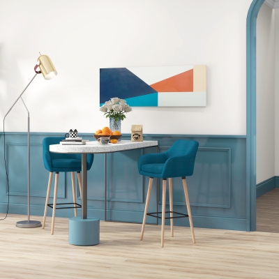 HOMCOM Conjunto de 2 Bancos de Bar Design Escandinavo Alto Conforto com Apoio para Pés e Braços Madeira Maciça Linho Azul
