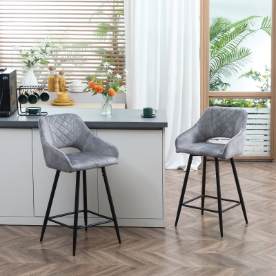 HOMCOM Conjunto de 2 Bancos de Bar Cadeiras Altas Efeito Veludo e Aço Preto com Apoio para os Pés e Braços Altura 67 cm Cinzento