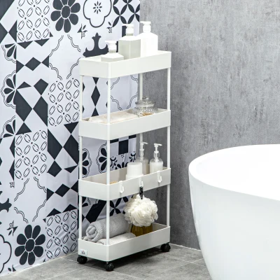 HOMCOM Cărucior de depozitare cu 4 nivele pe role cu coșuri și cârlige amovibile, alb