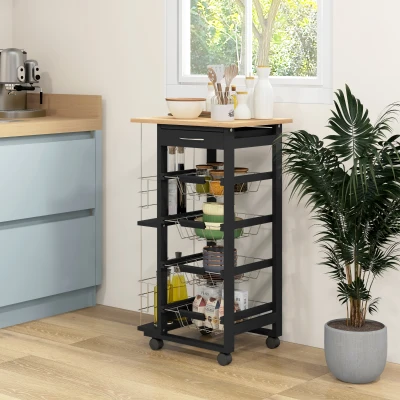 HOMCOM Carucior de Bucătărie cu Roți Carucior Multiusos cu Sertar 4 Coșuri Detașabile de Metal și Rafturi 47x37x83 cm Negru