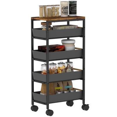 HOMCOM Carucior de Bucătărie de 5 Nivele Carucior Auxiliar cu Roți Tablou Efect Lemn Sertare Extrase 39,5x24x82 cm Negru