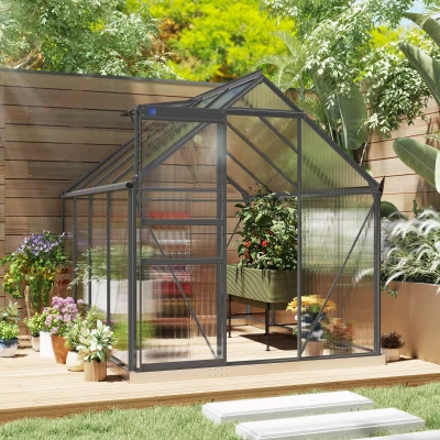 Outsunny Garten-Gewächshaus aus Polycarbonat 4,8 m² mit Fundament, einstellbarem Dachfenster, Schiebetür 1,9x2,53x1,99m transparent