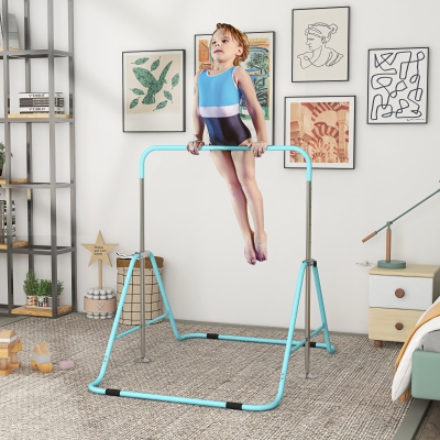 HOMCOM Barra de Gimnasia Artística Plegable Altura Ajustable Equipo de Gimnasia para Entrenamiento en Casa Azul Celeste
