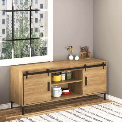 HOMCOM Herrajes Puertas Correderas 200 cm para Puerta Corredera Doble de Madera Ancho 50 cm Mueble de TV Armario Negro