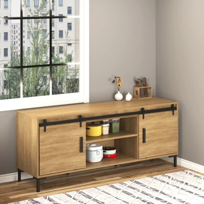 HOMCOM Herrajes Puertas Correderas 200 cm para Puerta Corredera Doble de Madera Ancho 50 cm Mueble de TV Armario Negro