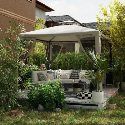 Outsunny Tuinpaviljoen 3x3, Tuin Paviljoen met Dubbel Dak, UV Bescherming voor Familie, Grauw
