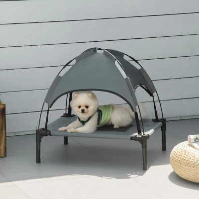 Pat PawHut pentru câini, cu parasol, pat de tabără pentru câini și pisici pe picioare cu material respirabil Oxford, anti-UV, cadru din metal inclus în sacul de transport, loc de dormit exterior pentru pisici 161 x 46 x 61 cm gri negru