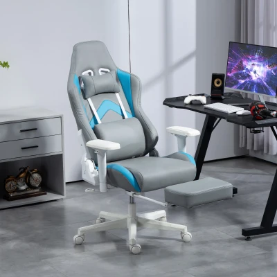 HOMCOM Cadeira Gamimg Reclinável com Apoio para os Pés Retrátil Suporte Lombar e Apoio para a Cabeça 74x73x120-129 cm Cinza Claro e Azul