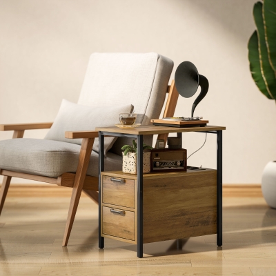 HOMCOM Mesa Lateral Mesa de Cabeceira com 2 Tomadas Porta USB 1 Porta Tipo C Cabo de 143 cm Gavetas e Prateleira Madeira Natural