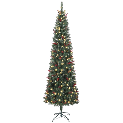 HOMCOM Árvore de Natal Slim 230 cm com Luzes LED 8 Modos de Iluminação 761 Ramos com Purpurina Prateada Pinhas e Bagas Verde