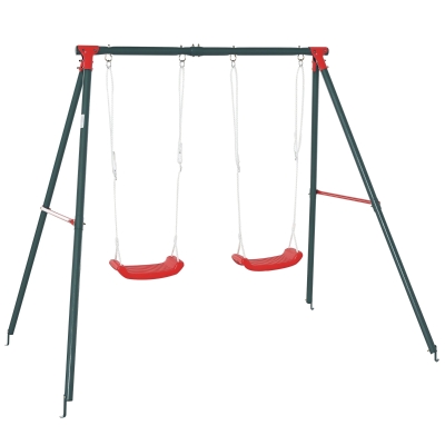 Outsunny Leagan Dublu pentru Copii +3 Ani cu Suport de Metal Joc Leagan Infantil Corzi Reglabile Exterior Greutate Max. 40kg 239x156x180 cm Verde Rosu