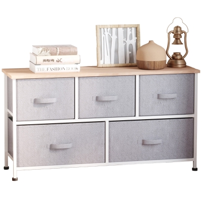 HOMCOM Comodă mobilier de depozitare 100 x 30 x 54 cm 5 sertare netesut gri structură oțel alb lemn deschis