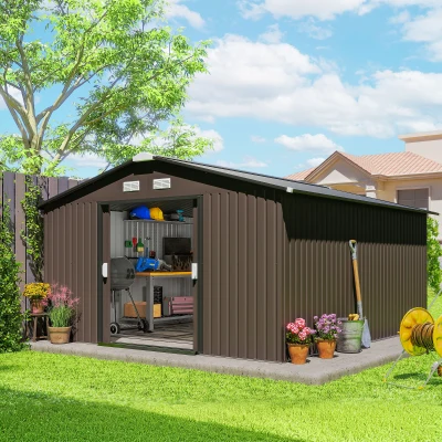 Outsunny Tuinschuur, Weerbestendig Tuinhuis voor Tuingereedschap, met Ventilatieramen, Schuifdeuren, Staal, Bruin