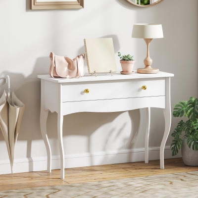 HOMCOM Coiffeuse Blanche 100x40x74cm avec Tiroir et Pieds Cabriole