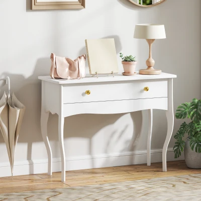 HOMCOM Coiffeuse Blanche 100x40x74cm avec Tiroir et Pieds Cabriole