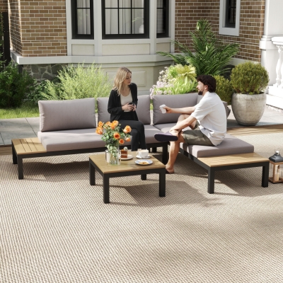 Outsunny tuinset aluminium tuinbank 164cm tuintafel 63cm tuin comfort meubilair, Grijs + natuur