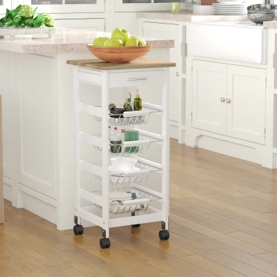 HOMCOM Cărucior de servire măsuță cu roți multi-rangements 4 coșuri metal + sertar lemn de pin 37 x 37 x 82 cm alb