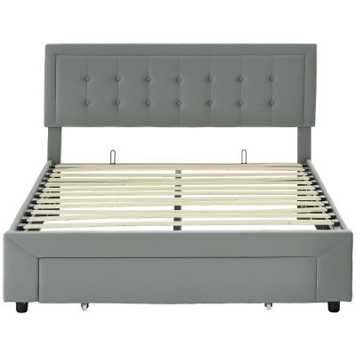 HOMCOM Cadru de pat dublu cu somier cutie cu pistoane, sertar pe roți, cap reglabil capitonat cu efect de catifea, gri