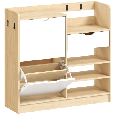 HOMCOM Schuhregal für Flur, Schuhschrank mit Kippschubladen, offenen Regalen, 4 Haken, für bis zu 14 Paar Schuhe, Natur