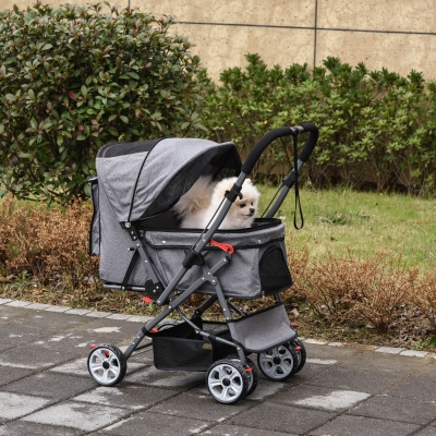 Pawhut Carrinho Dobrável para Cães e Gatos Cesto Bolsa de Armazenamento Cintos de Segurança Capa Ajustável em Aço Oxford Cinza Preto
