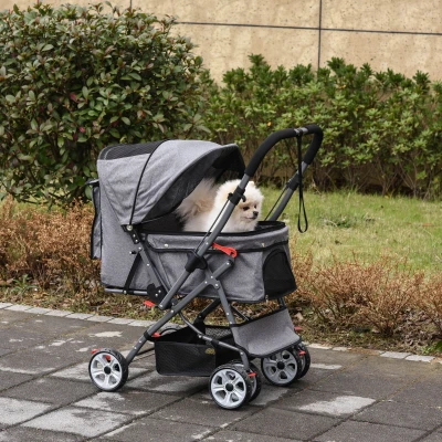 Pawhut Carrinho Dobrável para Cães e Gatos Cesto Bolsa de Armazenamento Cintos de Segurança Capa Ajustável em Aço Oxford Cinza Preto