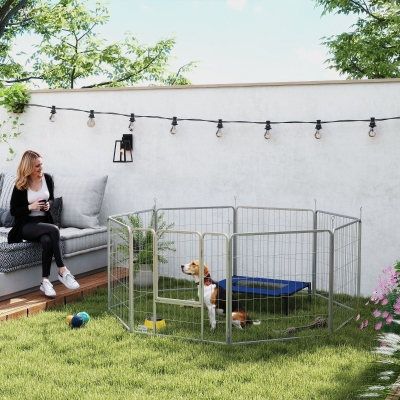 Pawhut Parque para Cães Cercado para Cães 8 Painéis Modulável Dobrável Aço com Porta para Filhote Interno Externo 80 cm Prata