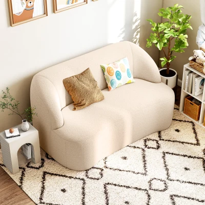HOMCOM Sofá de 2 Lugares Estofado em Borreguito Sofá de Sala de Estar com Desenho Curvo e Acolchoamento Grosso142x85x73,5 cm Bege