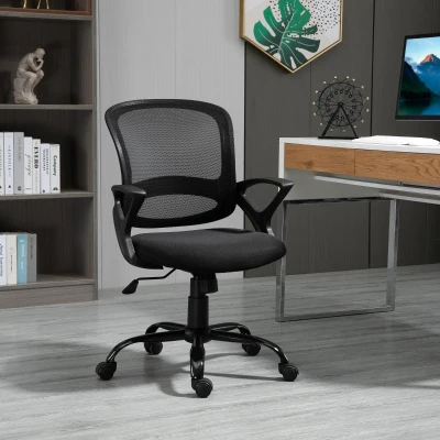 Vinsetto Cadeira de Oficina Ergonômica Basculante com Altura Ajustável Assento Giratório 360° Suporte e Lombar Malha Transpirável 61x61x89-99cm Preto
