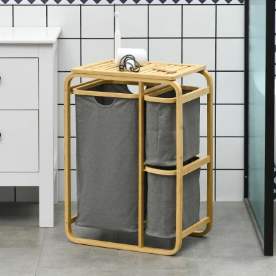 HOMCOM Cesto de Roupa Cesto de Armazenamento Cesto de Roupa Suja em Bambu 3 Cestos 49x33x70 cm Cinzento