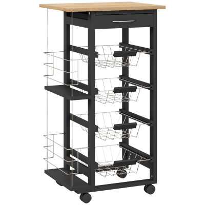 HOMCOM Carucior de Bucătărie cu Roți Carucior Multiusos cu Sertar 4 Coșuri Detașabile de Metal și Rafturi 47x37x83 cm Negru