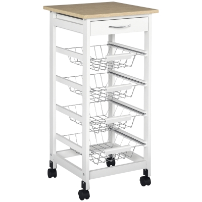 HOMCOM Cărucior de servire măsuță cu roți multi-rangements 4 coșuri metal + sertar lemn de pin 37 x 37 x 82 cm alb