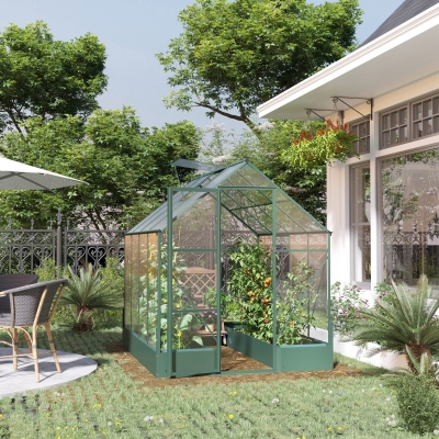 Outsunny Garden Walk-in Polycarbonate Greenhouse with Raised Garden Bed, Temperature Controlled Window, Aluminium Frame & Foundation, 6 x 8ft