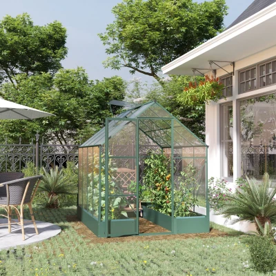 Outsunny Garden Walk-in Polycarbonate Greenhouse with Raised Garden Bed, Temperature Controlled Window, Aluminium Frame & Foundation, 6 x 8ft