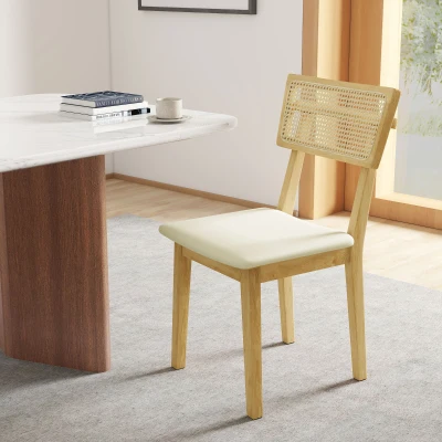 HOMCOM Esszimmerstuhl, Rattan-Rückenlehne, Kunstleder-Sitz, Kautschukholz, Naturholz