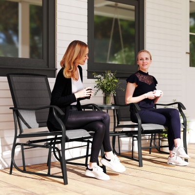 Outsunny Outdoor Garden Double Glider Rocking Chairs, Metal Gliding Loveseat with Middle Table Conversation Set Patio Backyard Relax Outdoor Furniture Black