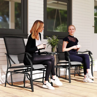 Outsunny Outdoor Garden Double Glider Rocking Chairs, Metal Gliding Loveseat with Middle Table Conversation Set Patio Backyard Relax Outdoor Furniture Black