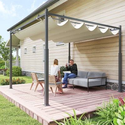 Outsunny Pérgola de Jardim Exterior 3x3 m com Teto Retrátil e Fixação Magnética Abrigo Sol Upf30+ Creme