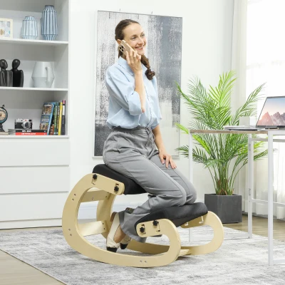 HOMCOM Silla de rodillas, silla ergonómica de madera con función de balanceo, silla de rodillas ajustable para oficina en casa