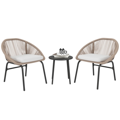 Outsunny Conjunto de Móveis de Jardim para 2 Pessoas com Almofadas de Assento Fofas com Corda de Resina Trançada e Aço Caqui