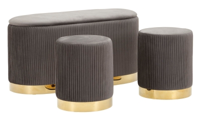 Banca Cu Depozitare Și Taburet Shopy Gri Set 3 Bucăți Cm 80X37X42-29X33