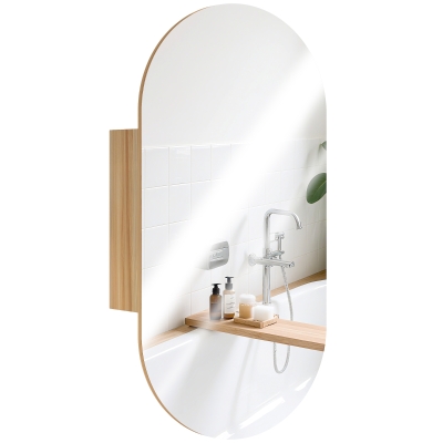 Dulap cu oglindă pentru baie, montare pe perete, oval, 45 x 90 cm, modern, fără rame, lemn natural