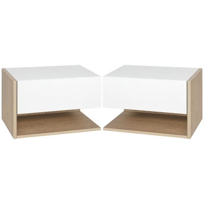 HOMCOM Set de 2 Noptiere murale - Set de 2 Noptiere - Sertar Glisant, Raft, Bicolor Aspect stejar Alb