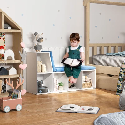 HOMCOM Biblioteca Banco 2 em 1 com 5 Compartimentos de Armazenamento e 2 Almofadas 108x30x60 cm Branco Azul