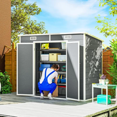 Outsunny 2,4 x 1,3 m Tuinschuur, Kunststof Tuinhuis met Bodem, Raam, Afsluitbare Deuren, voor Tuin, Terras, Grijs