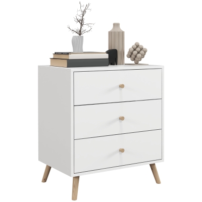 HOMCOM Comodă 3 sertare Design scandinav Mobilier de Depozitare Camera MDF Alb mânere picioare conice Lemn Masiv de pin