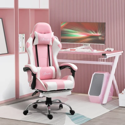 Vinsetto Cadeira de Gaming Reclinável Giratória com Apoio para a Cabeça Apoio para os Pés e Almofada Lombar 64x67x119-127 cm Rosa